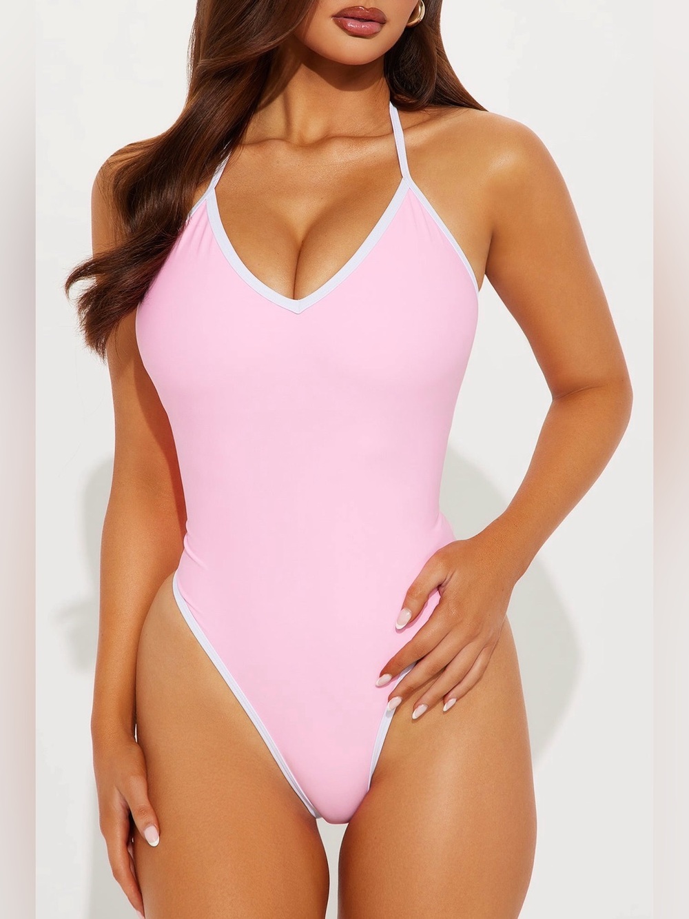 Fashion Nova Honolulu V Neck Halter 1 Piece Swimsuit - Pink - Picture 2 of 3